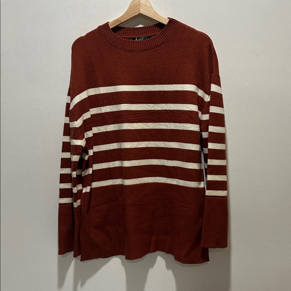 ZESICA Womens Striped Knitted Pullover Sweater Brown Cream Sz Lg New